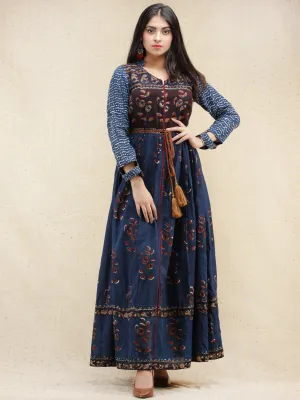 Naaz Nazgul - Hand Block Printed Long Cotton Dress With Front Slit - DS84F001