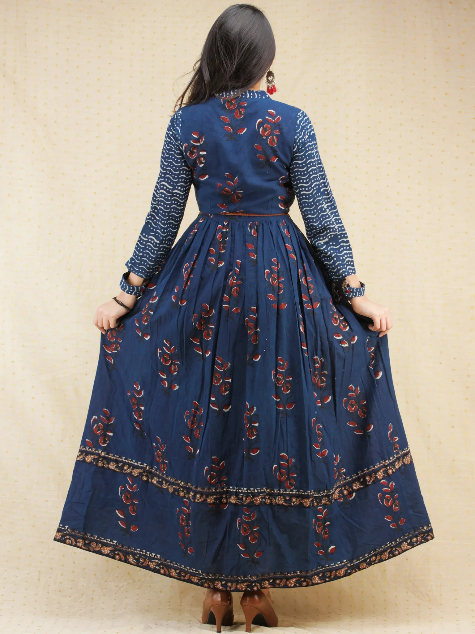 Naaz Nazgul - Hand Block Printed Long Cotton Dress With Front Slit - DS84F001