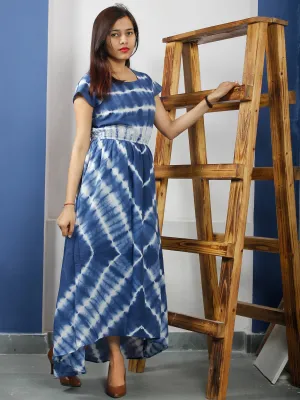 Naaz Neelofar - Indigo White Tie And Dye Cotton High Low Dress With Elasticated Waist  - DS48F001