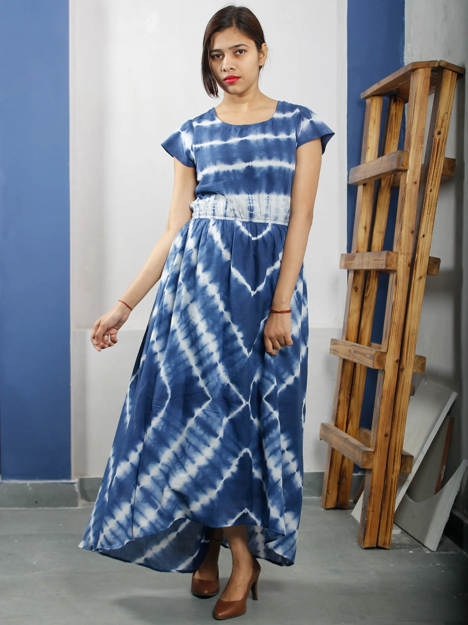 Naaz Neelofar - Indigo White Tie And Dye Cotton High Low Dress With Elasticated Waist  - DS48F001