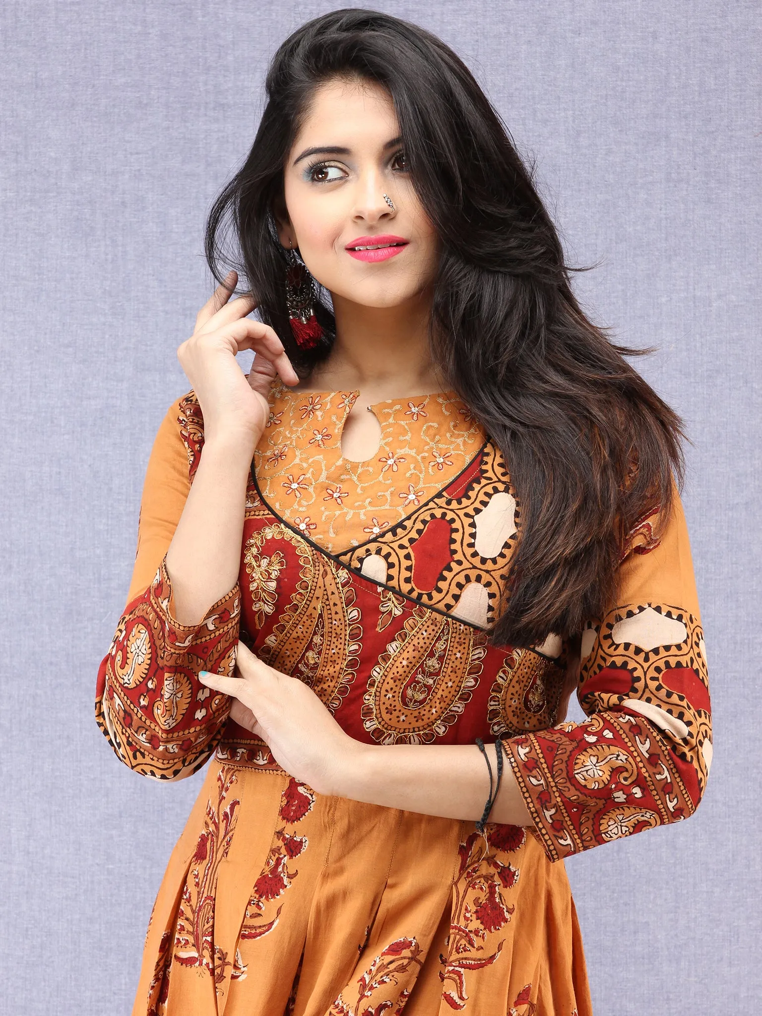 Naaz Pardeiza - Hand Block Mughal Printed Long Cotton Embroidered Angrakha Dress - DS100F001