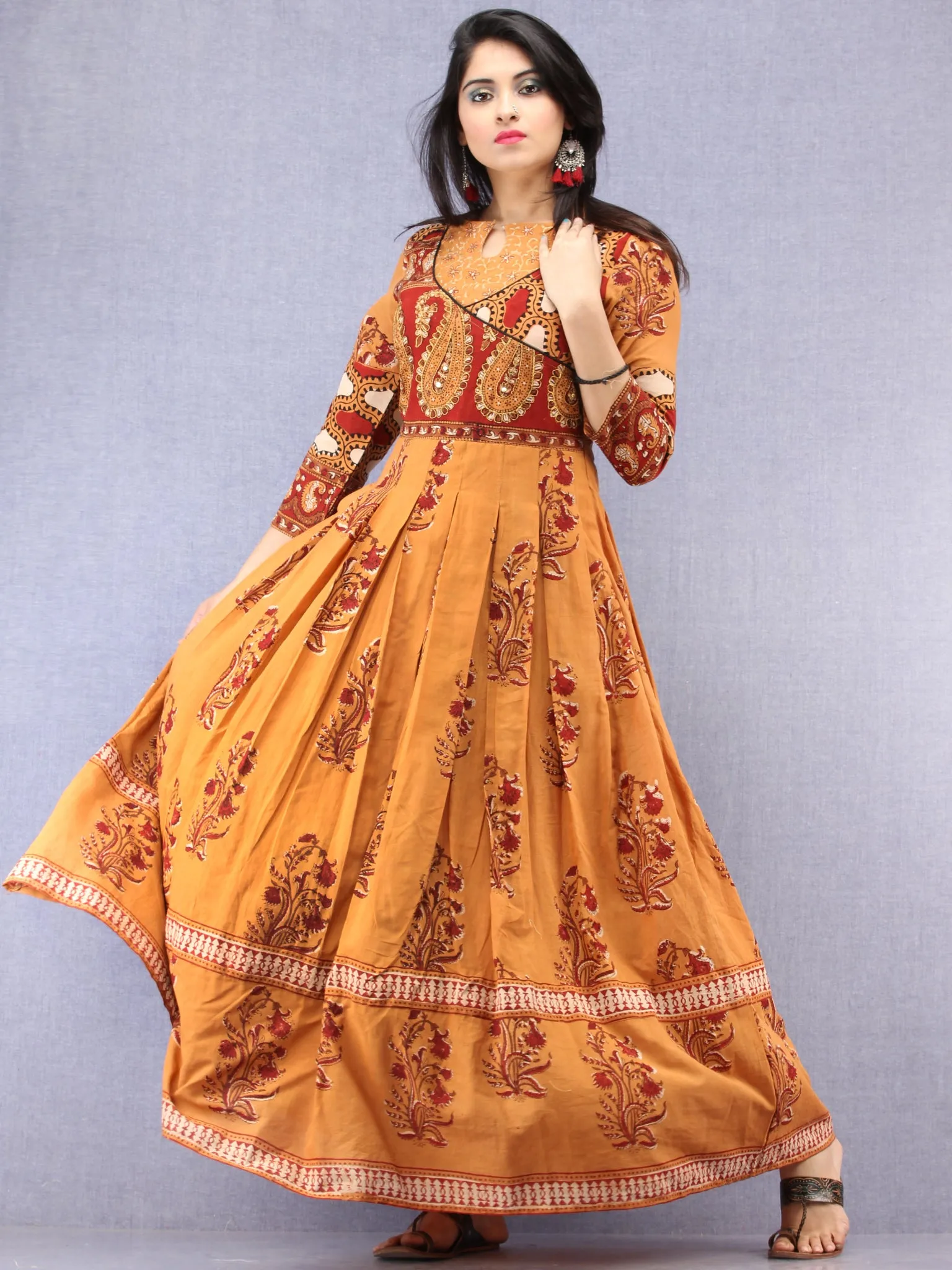 Naaz Pardeiza - Hand Block Mughal Printed Long Cotton Embroidered Angrakha Dress - DS100F001