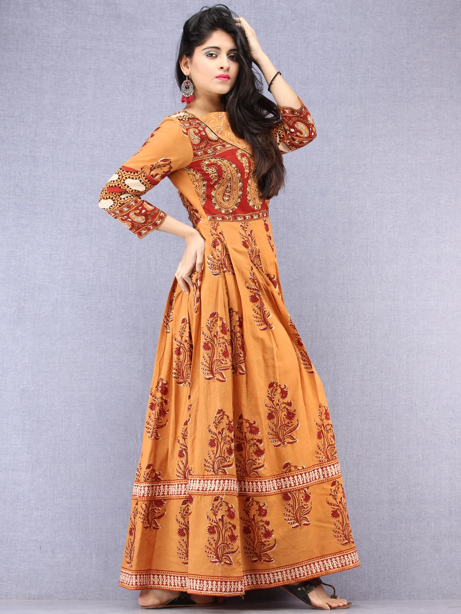 Naaz Pardeiza - Hand Block Mughal Printed Long Cotton Embroidered Angrakha Dress - DS100F001