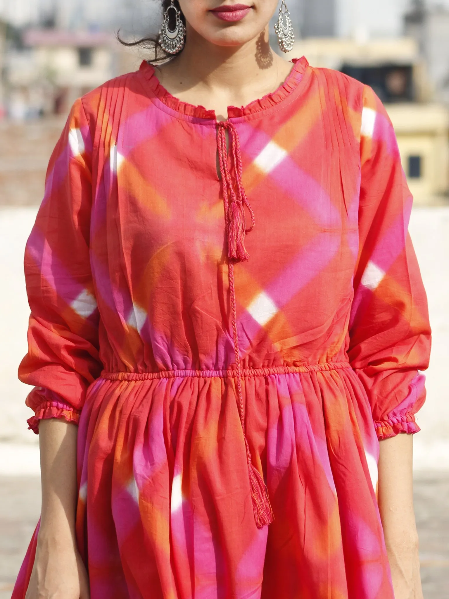 Naaz Red Orange Pink White Tie Dye Dress With Elasticated Waist And Peasant Sleeves - DS21F001