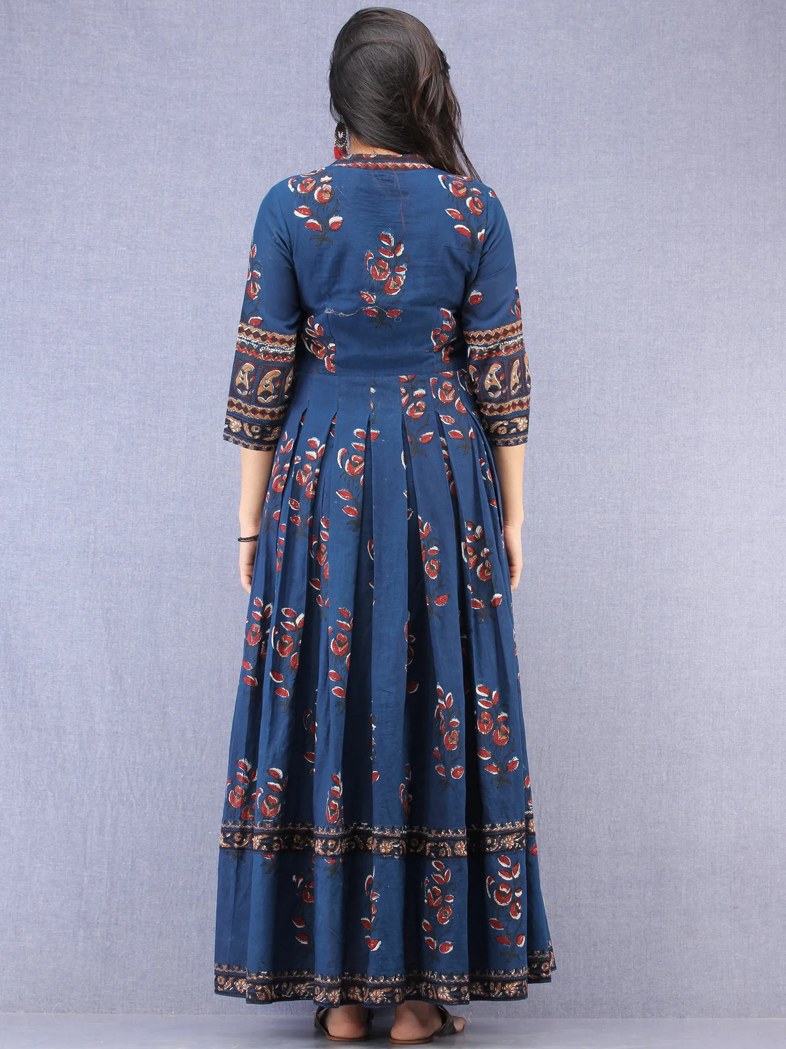 Naaz Roheen - Hand Block Printed Long Cotton Box Pleated Embroidered Jacket Dress - DS98F001