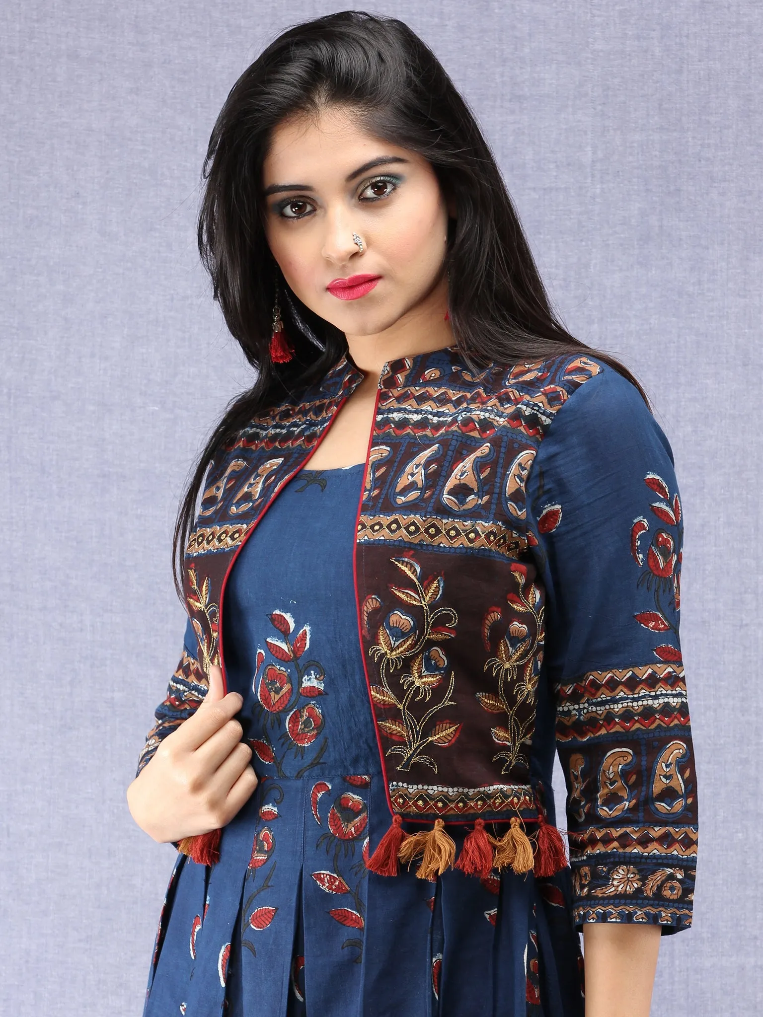 Naaz Roheen - Hand Block Printed Long Cotton Box Pleated Embroidered Jacket Dress - DS98F001