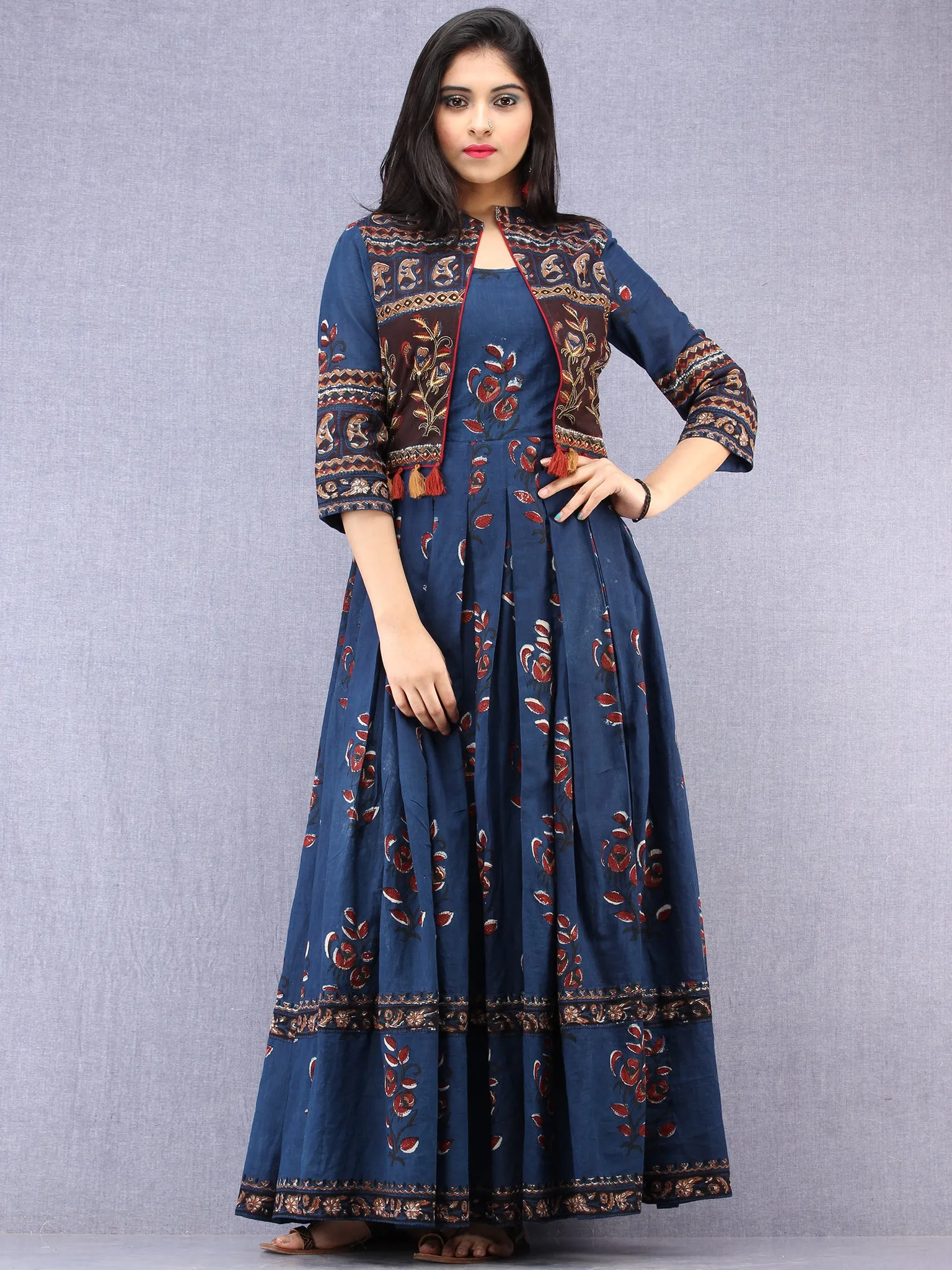 Naaz Roheen - Hand Block Printed Long Cotton Box Pleated Embroidered Jacket Dress - DS98F001