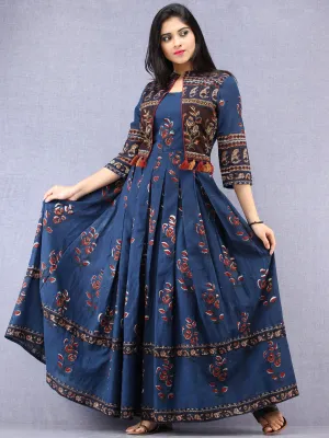 Naaz Roheen - Hand Block Printed Long Cotton Box Pleated Embroidered Jacket Dress - DS98F001