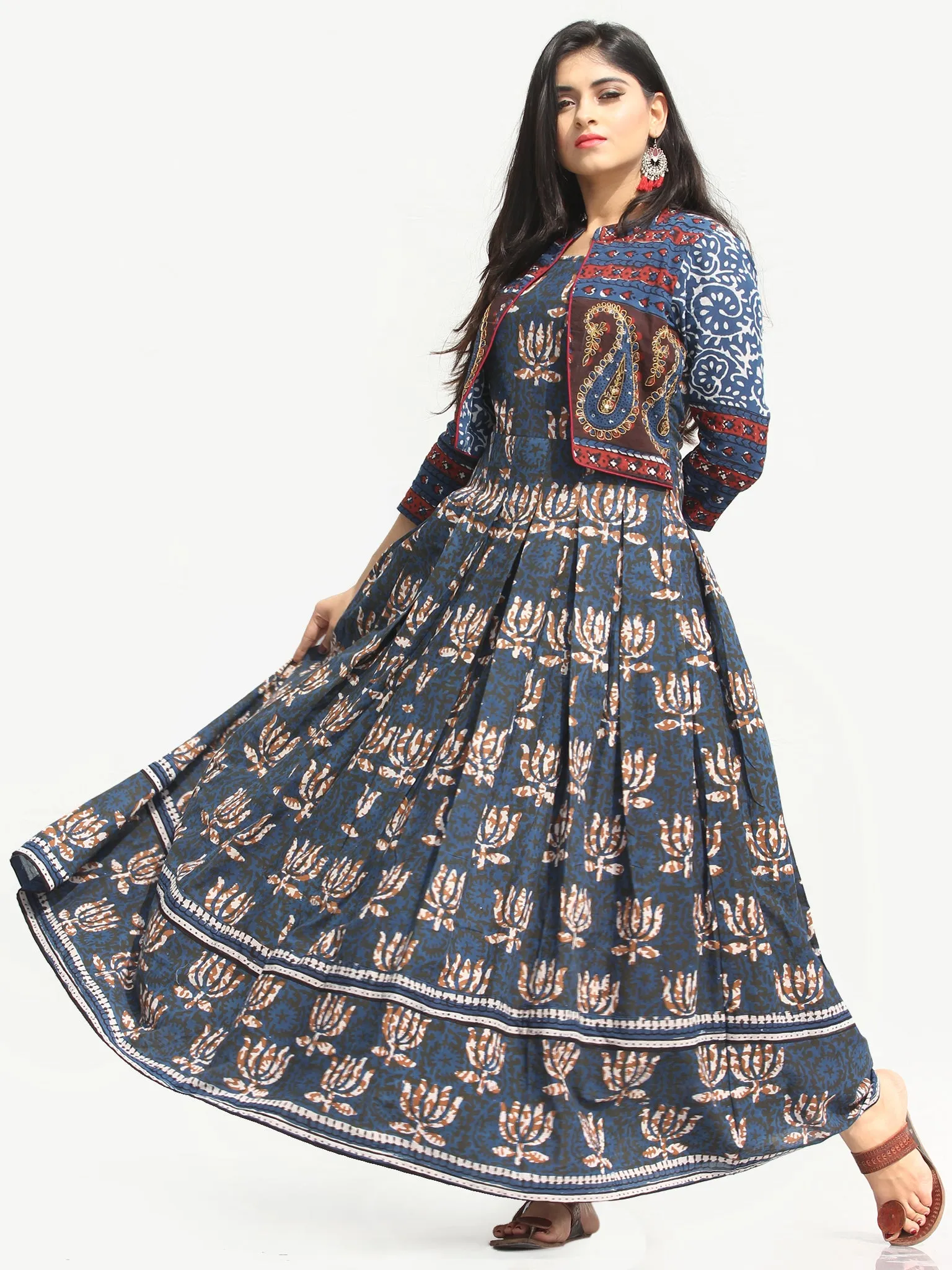 Naaz Roheen - Hand Block Printed Long Cotton Box Pleated Embroidered Jacket Dress - DS98F003