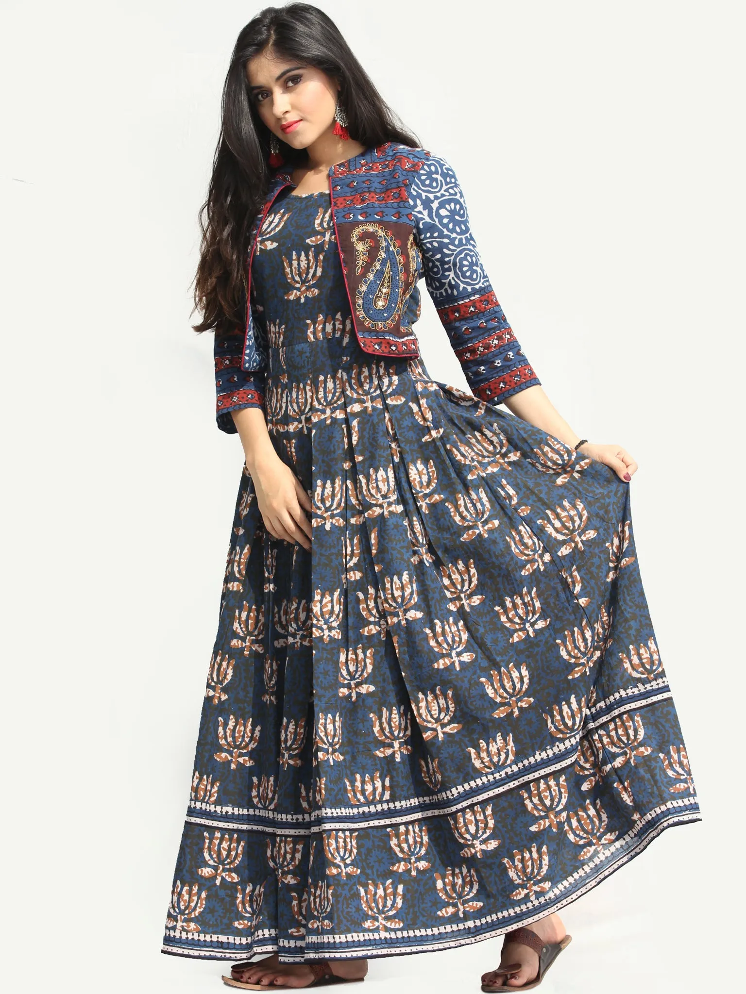 Naaz Roheen - Hand Block Printed Long Cotton Box Pleated Embroidered Jacket Dress - DS98F003