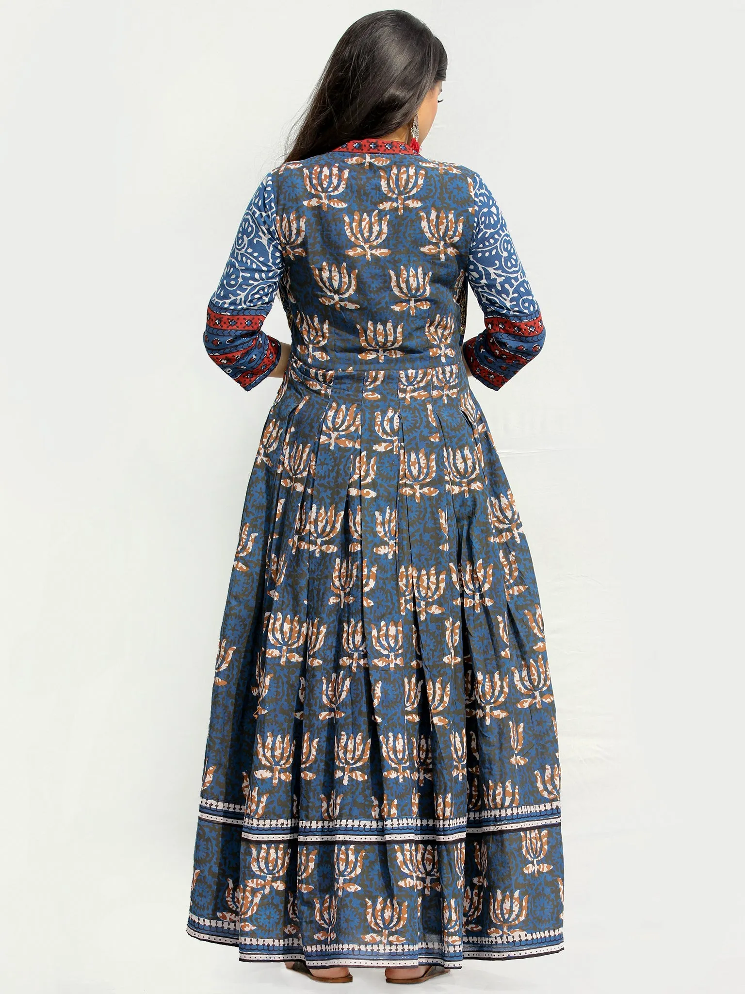 Naaz Roheen - Hand Block Printed Long Cotton Box Pleated Embroidered Jacket Dress - DS98F003