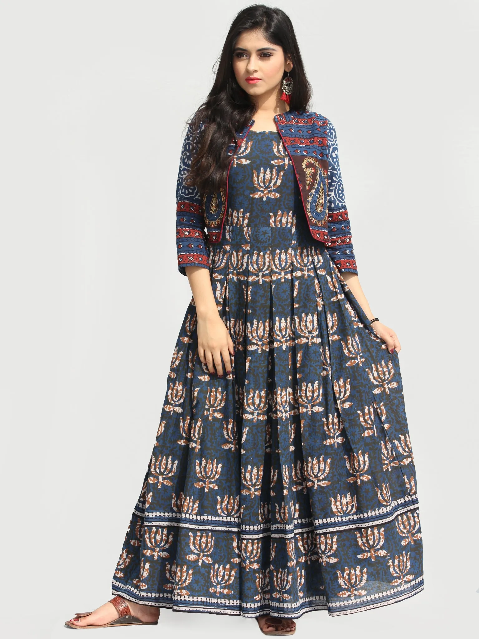 Naaz Roheen - Hand Block Printed Long Cotton Box Pleated Embroidered Jacket Dress - DS98F003