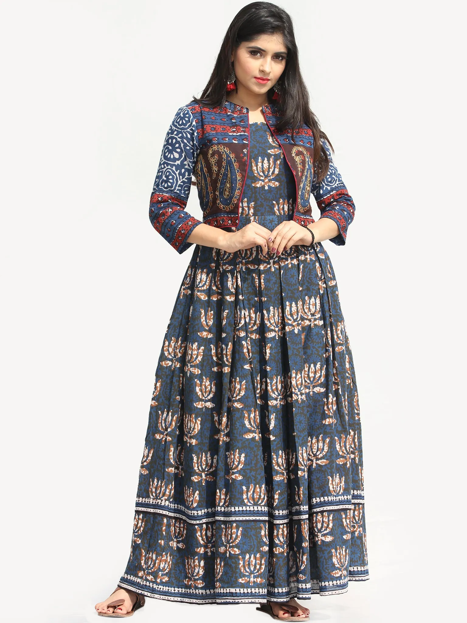 Naaz Roheen - Hand Block Printed Long Cotton Box Pleated Embroidered Jacket Dress - DS98F003