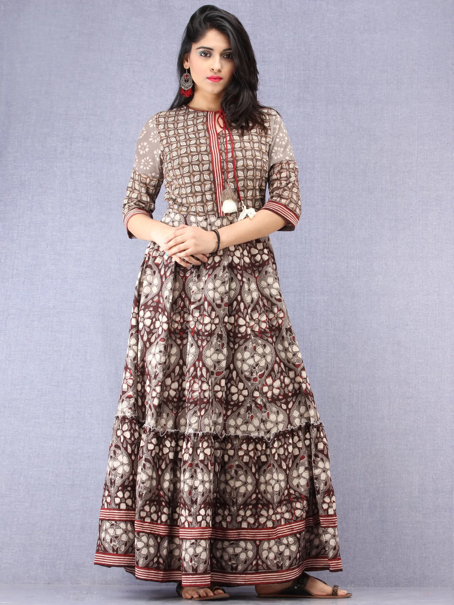 Naaz Sadaf - Hand Block Mughal Printed Long Cotton Dress - DS103F001