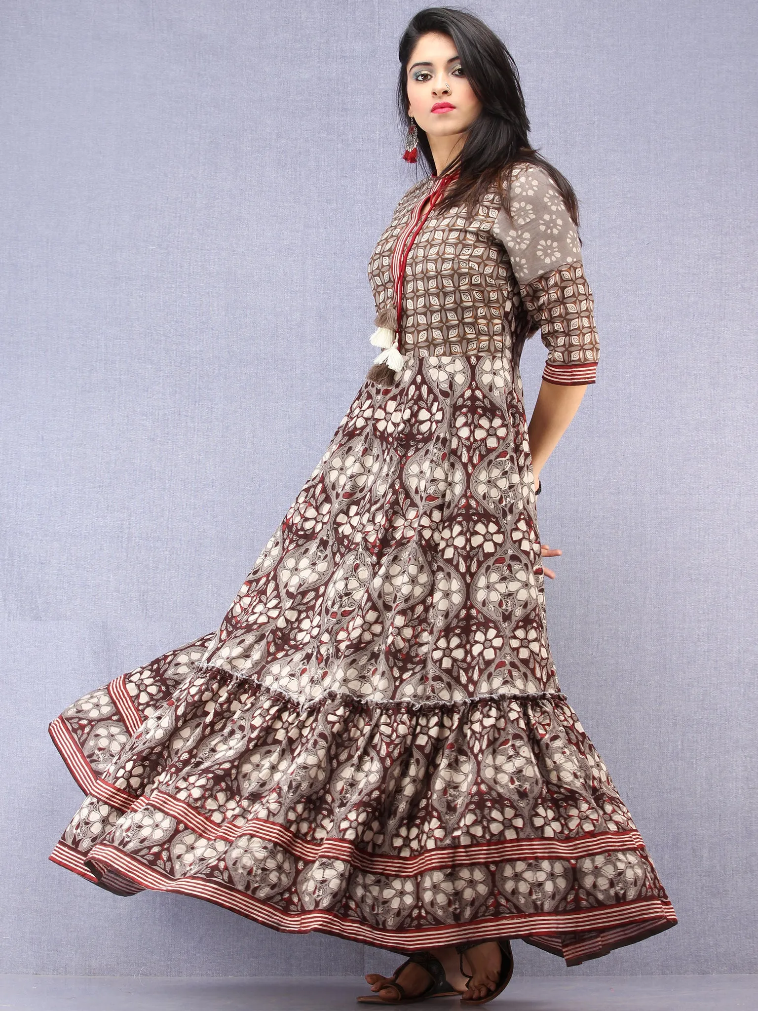 Naaz Sadaf - Hand Block Mughal Printed Long Cotton Dress - DS103F001