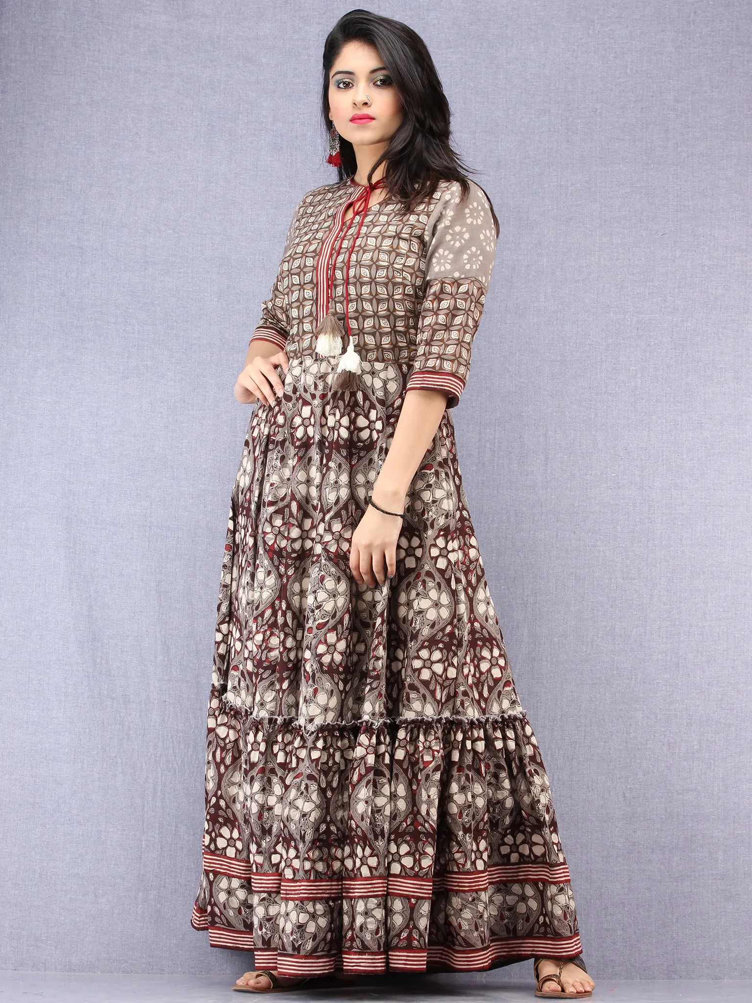 Naaz Sadaf - Hand Block Mughal Printed Long Cotton Dress - DS103F001