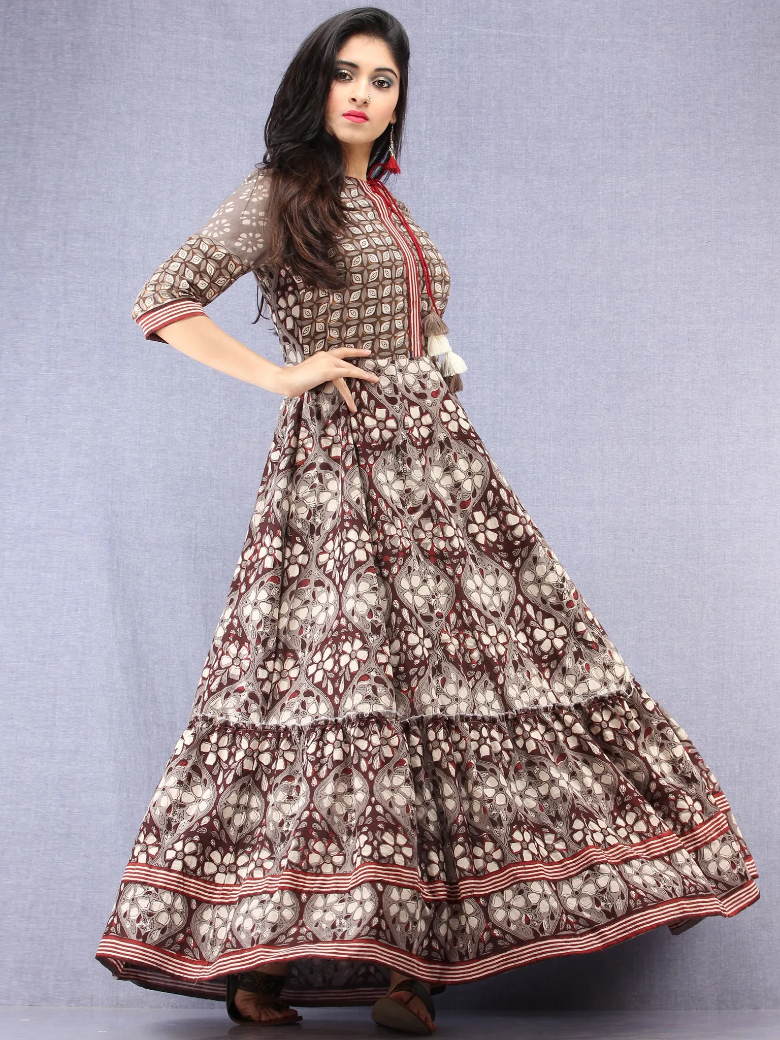 Naaz Sadaf - Hand Block Mughal Printed Long Cotton Dress - DS103F001