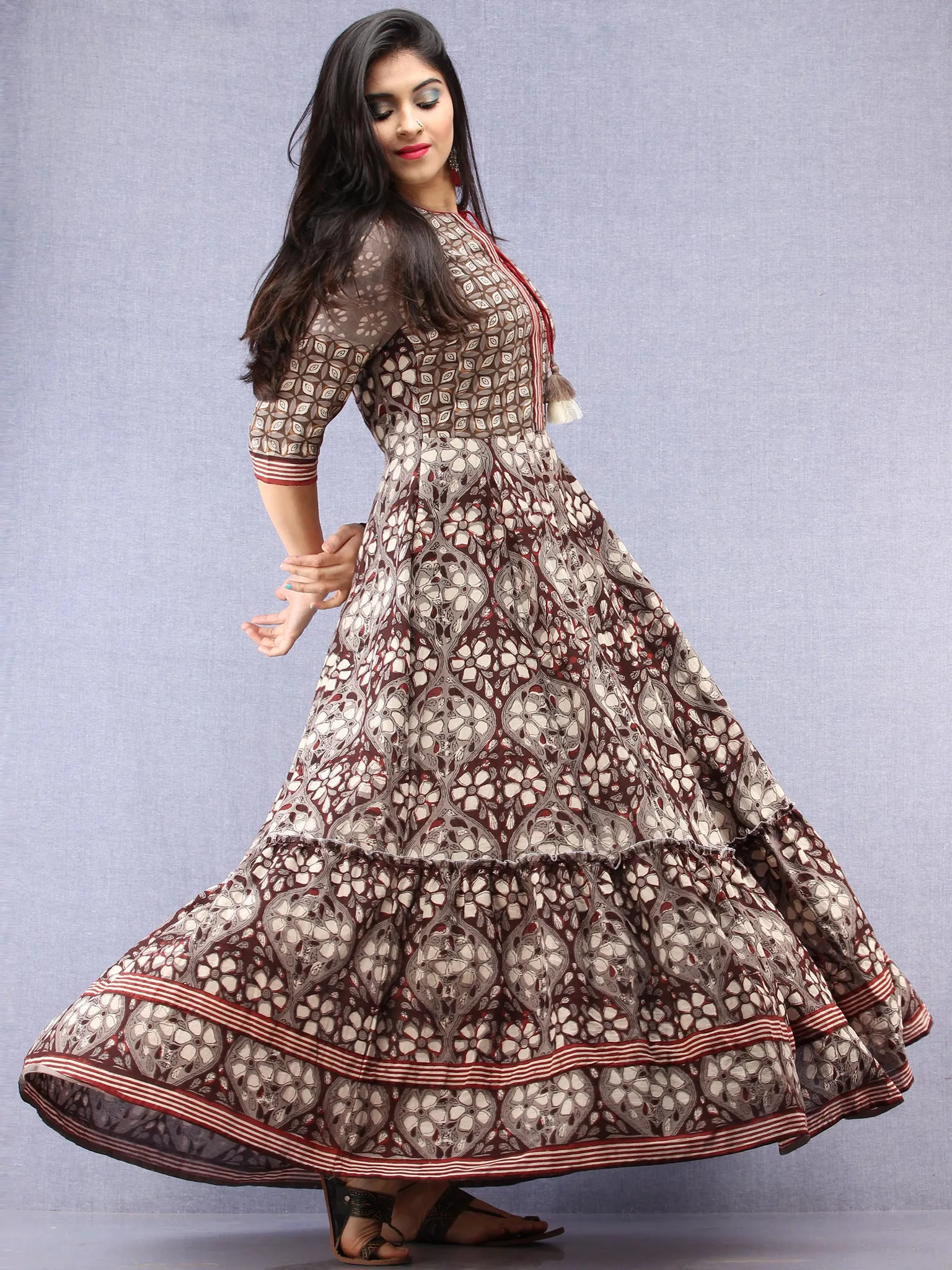 Naaz Sadaf - Hand Block Mughal Printed Long Cotton Dress - DS103F001