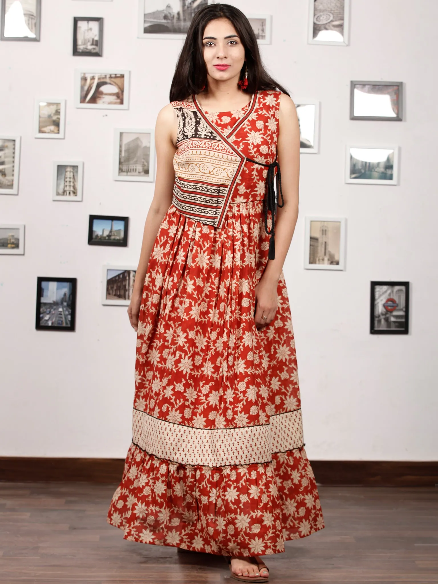 Naaz SUN FLOWER - Hand Block Printed Cotton Long Angrakha Dress - DS65F001