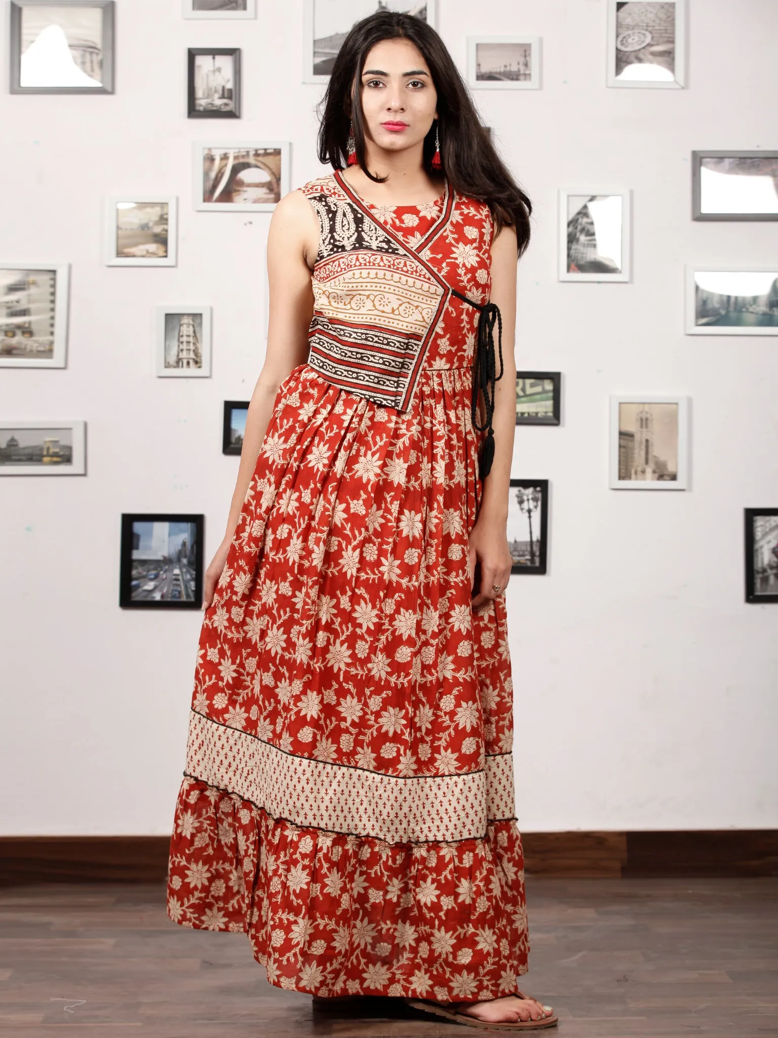 Naaz SUN FLOWER - Hand Block Printed Cotton Long Angrakha Dress - DS65F001