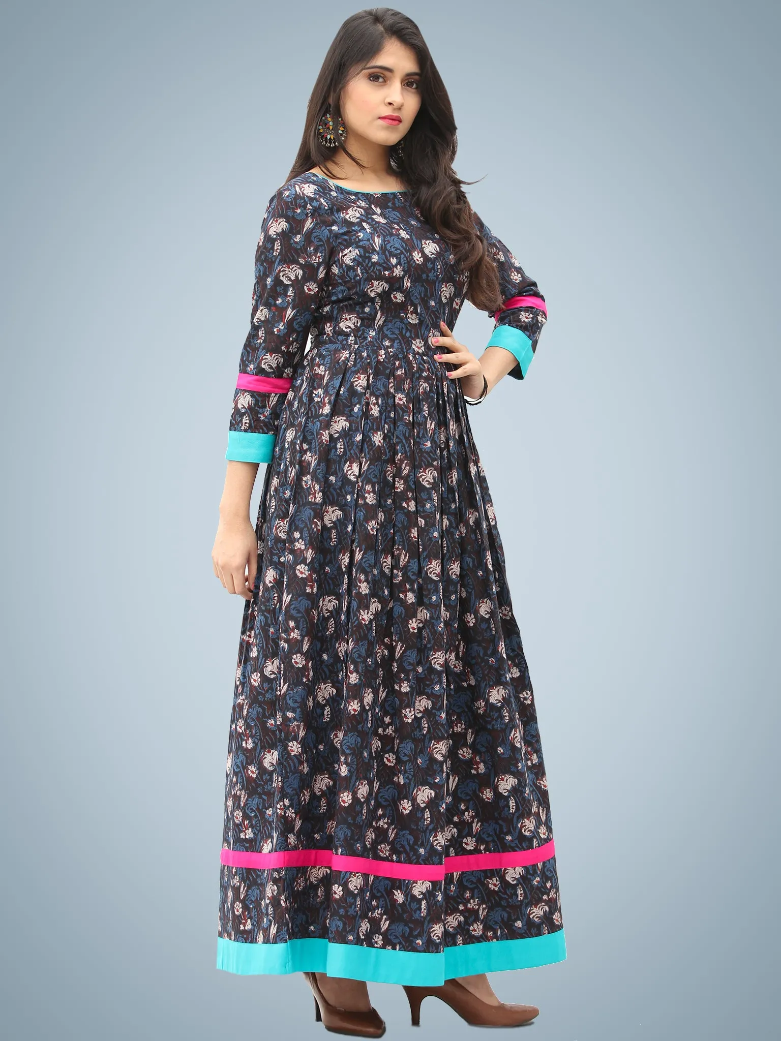 Nadya - Hand Block Printed Cotton Long Dress With Back Detailing - D136F1395