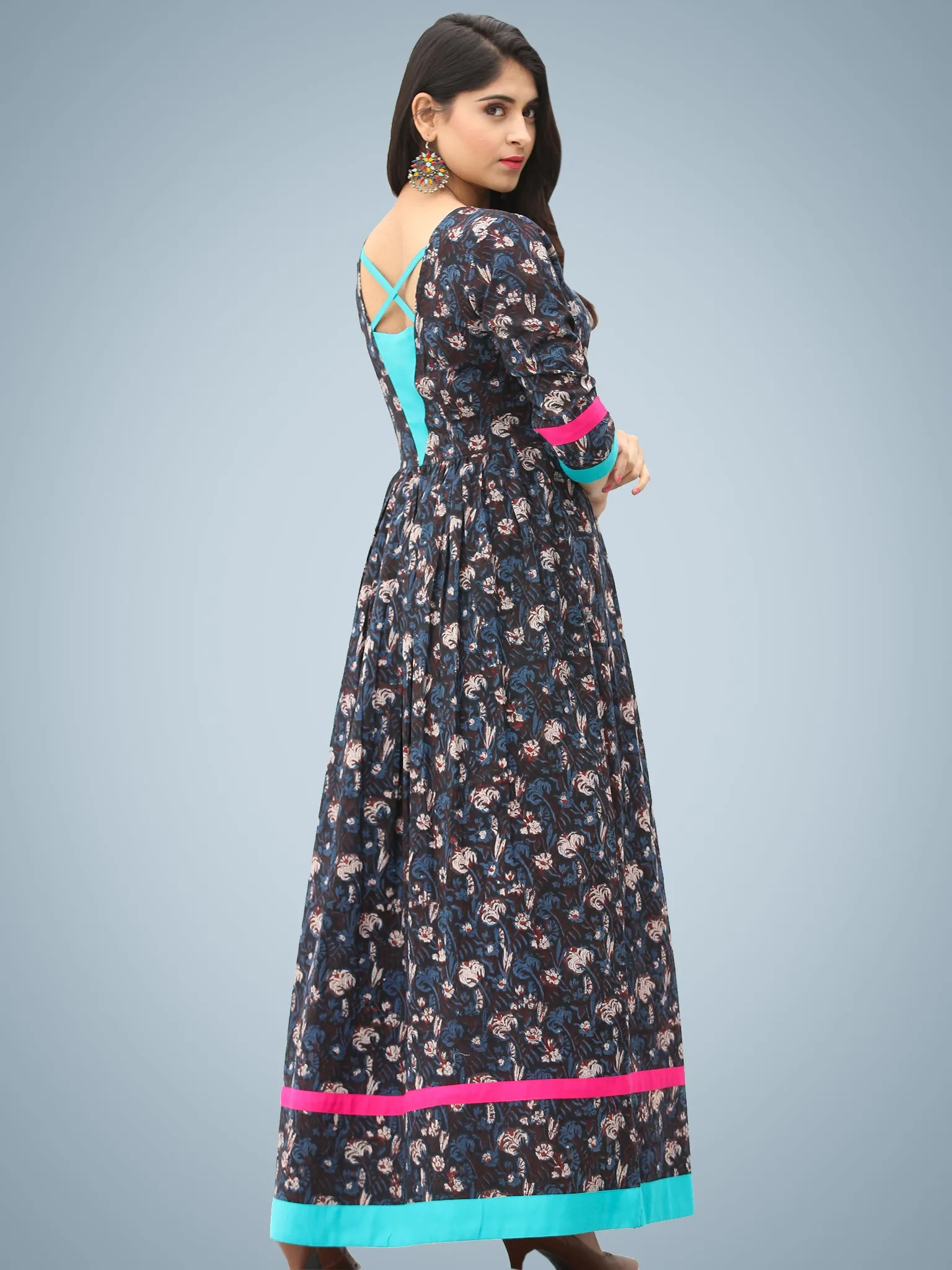 Nadya - Hand Block Printed Cotton Long Dress With Back Detailing - D136F1395