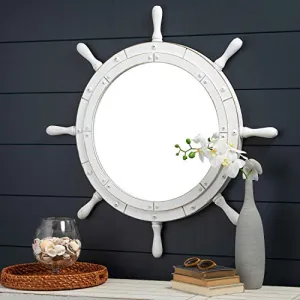 Nagina International Classic White Santorini Beautiful Nautical Sturdy Large Mirror Ship Wheel | Wall Mounted Mirrors (24 Inches)