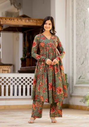 Najia Green Floral Handblock Print Kurta Pant Set