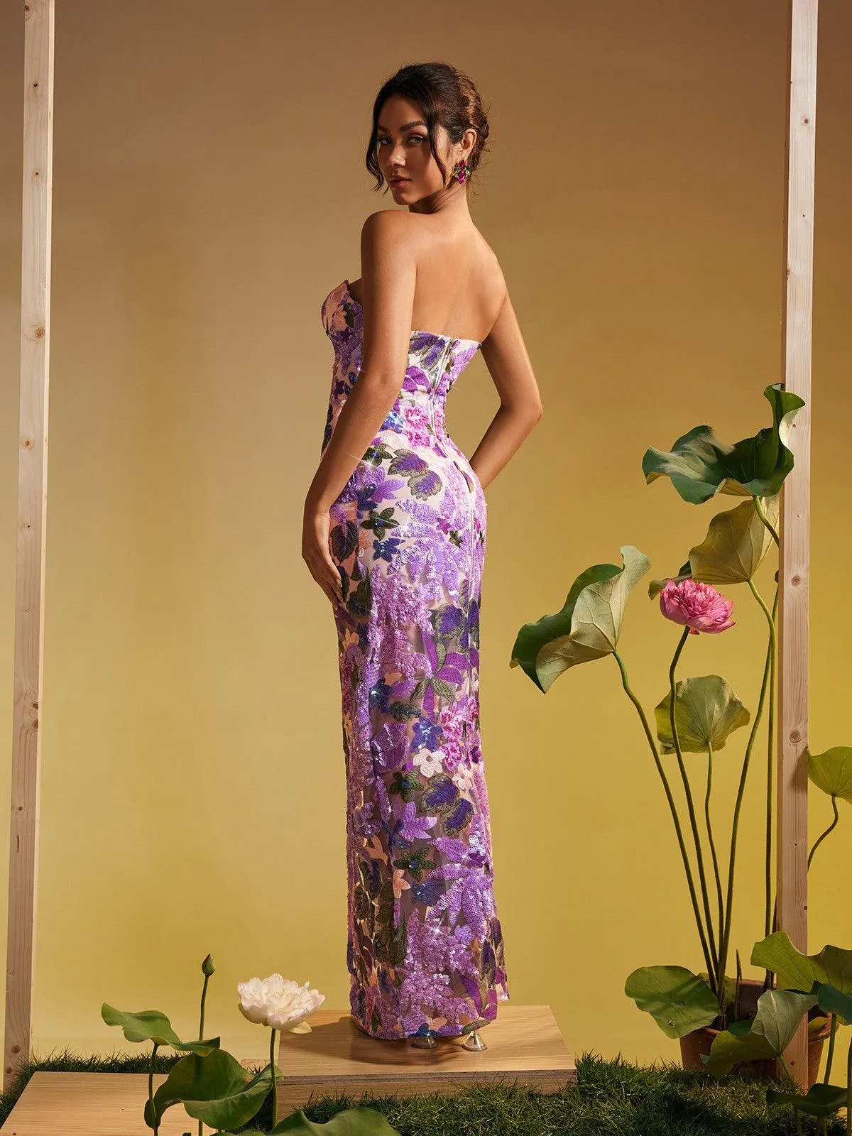 Nakoa Strapless Sequin Embroidered Maxi Dress