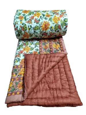 Namastey India Pure Cotton Jaipuri Razai Traditional Sanganeri Print Single Bed Quilt Blanket - (85 Inch X 55 Inch, Multi-Color, Single, lightweight)