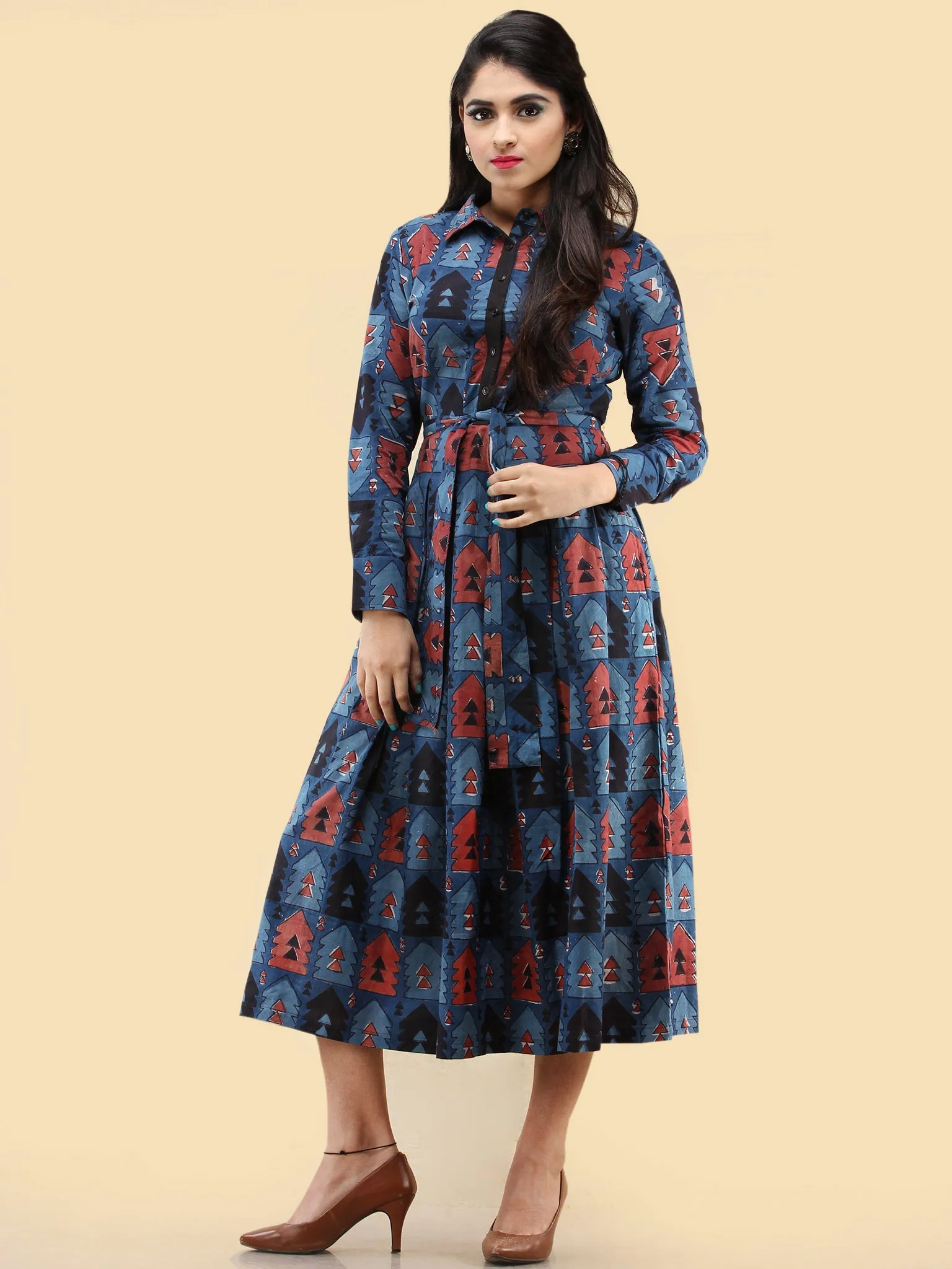 Naqsh - Hand Block Printed Cotton Middi Dress With Side Pockets  - D388F1841