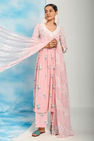 Nargis Soft Pink Floral Printed Gathered Yoke Kurta with Palazzo and Dupatta - Set of 3