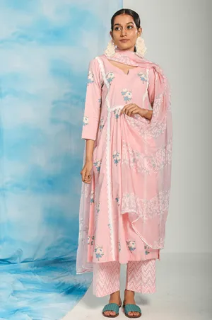 Nargis Soft Pink  Lace Yoke Kurta, Zigzag Printed Palazzo and Dupatta - Set of 3