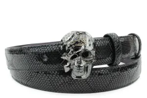 Narrow Black Mock Python Crystal Skull Belt