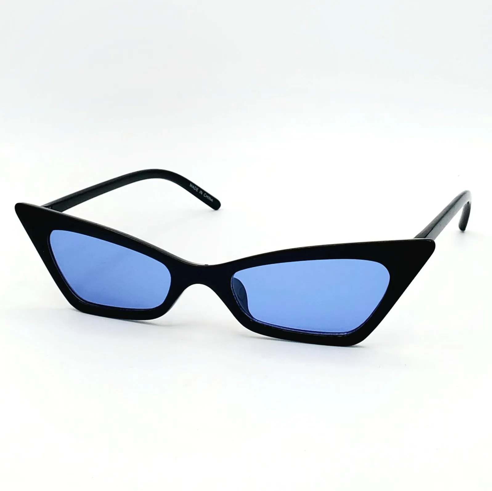 Narrow Geometric Cat Eye Sunglasses - Black with Blue Lenses