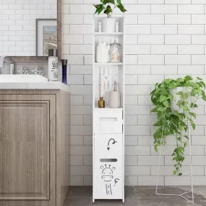 Narrow Storage Cabinet for Kids Bathrooms - Wooden (PVC) Floor Cabinet with 3 Tiers and Drawer, Waterproof and Space-Saving