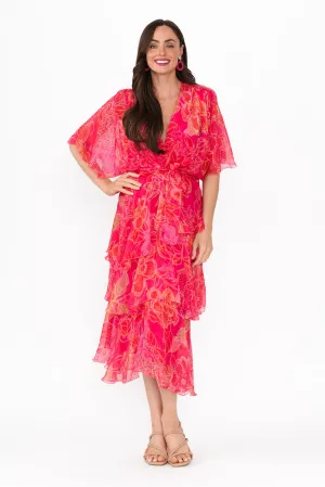 Natalie Hot Pink Floral Silk Layer Dress