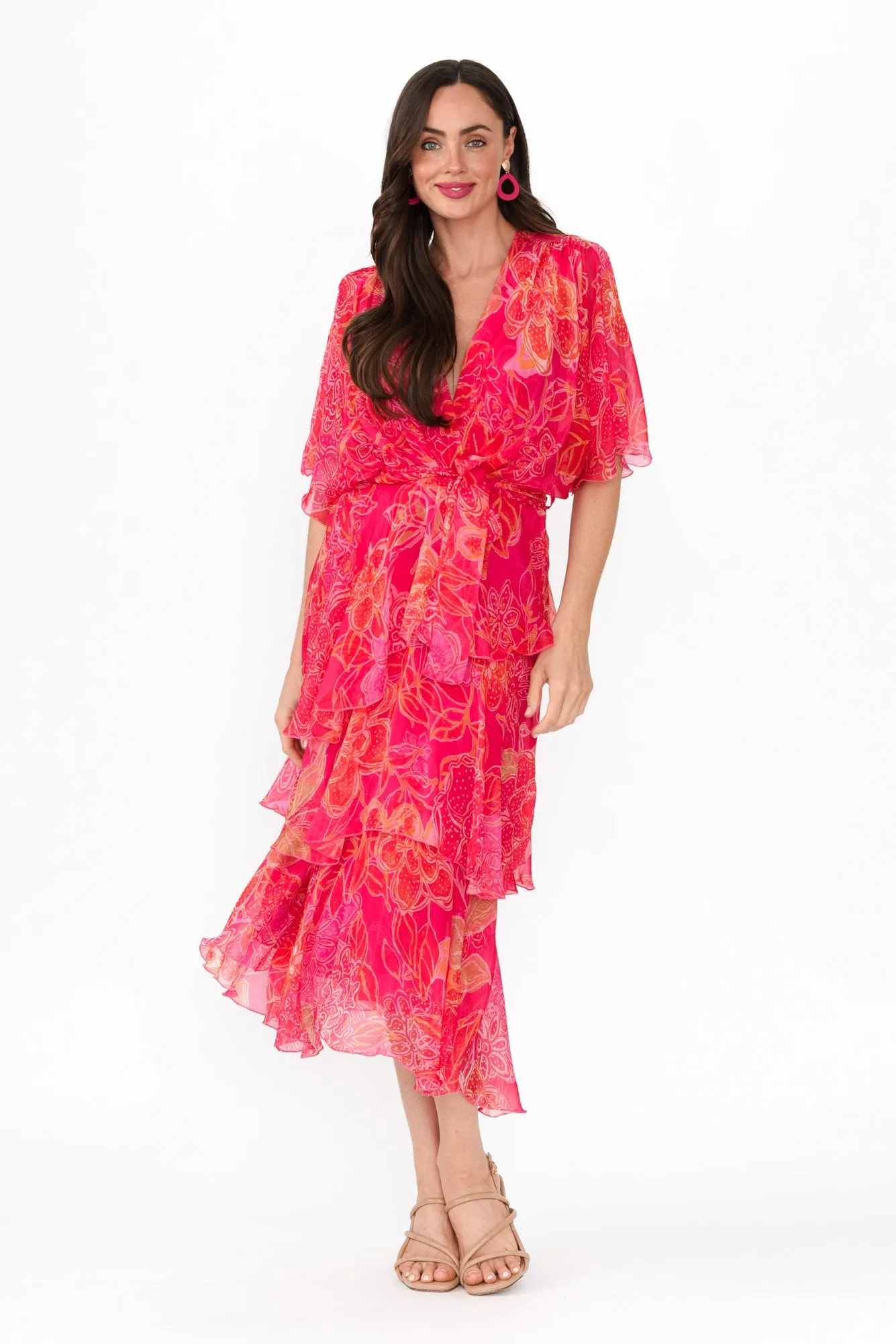 Natalie Hot Pink Floral Silk Layer Dress