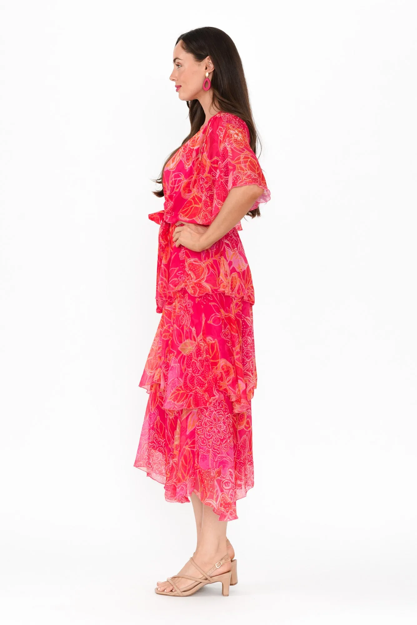 Natalie Hot Pink Floral Silk Layer Dress