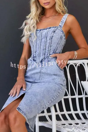 Natalya Denim Splice Adjustable Straps Pocket Zip-up Stretch Midi Dress