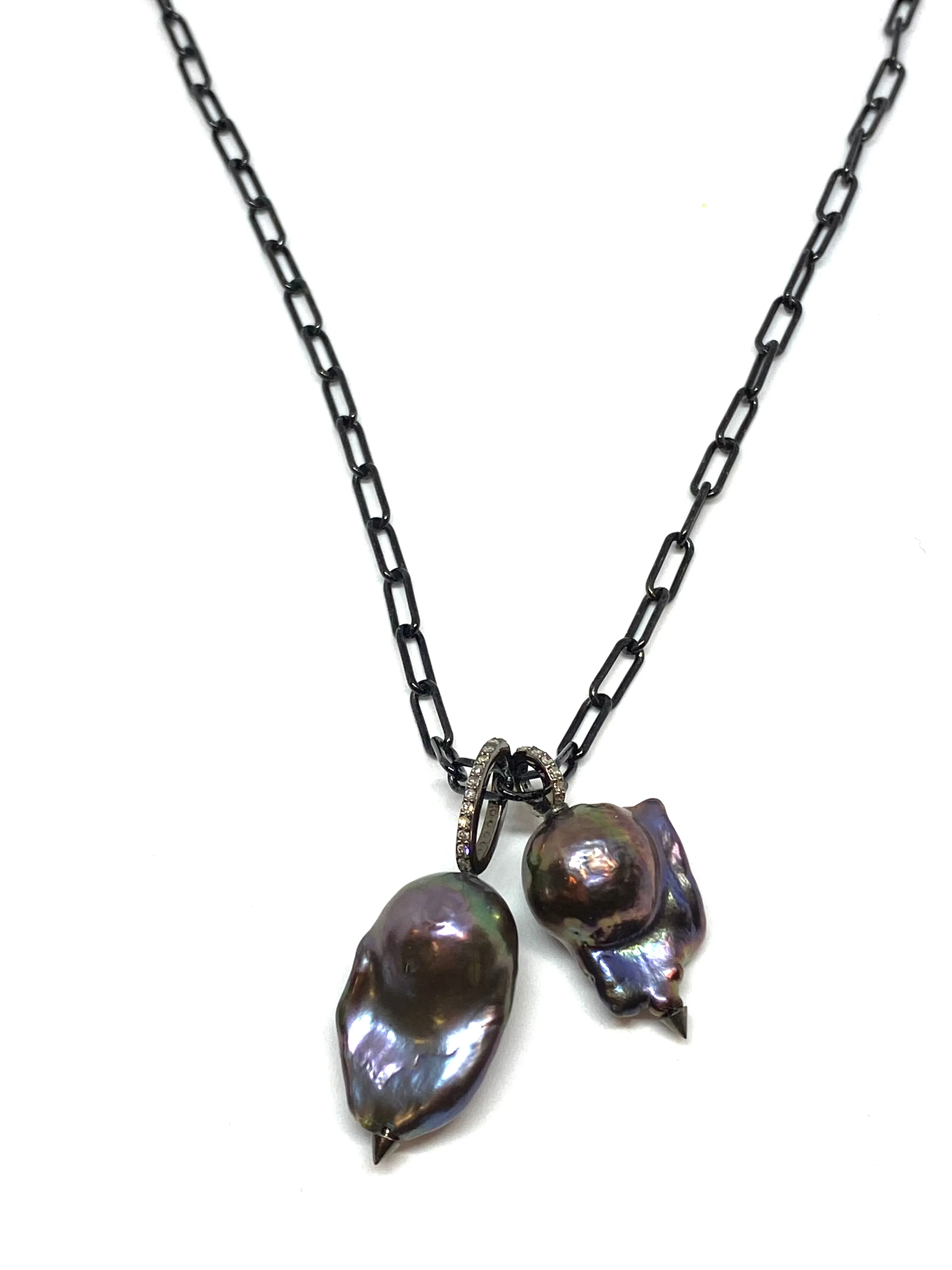 Nathan & Moe Oxidized Chain with Two Baroque Pearls accented with Diamond Bales