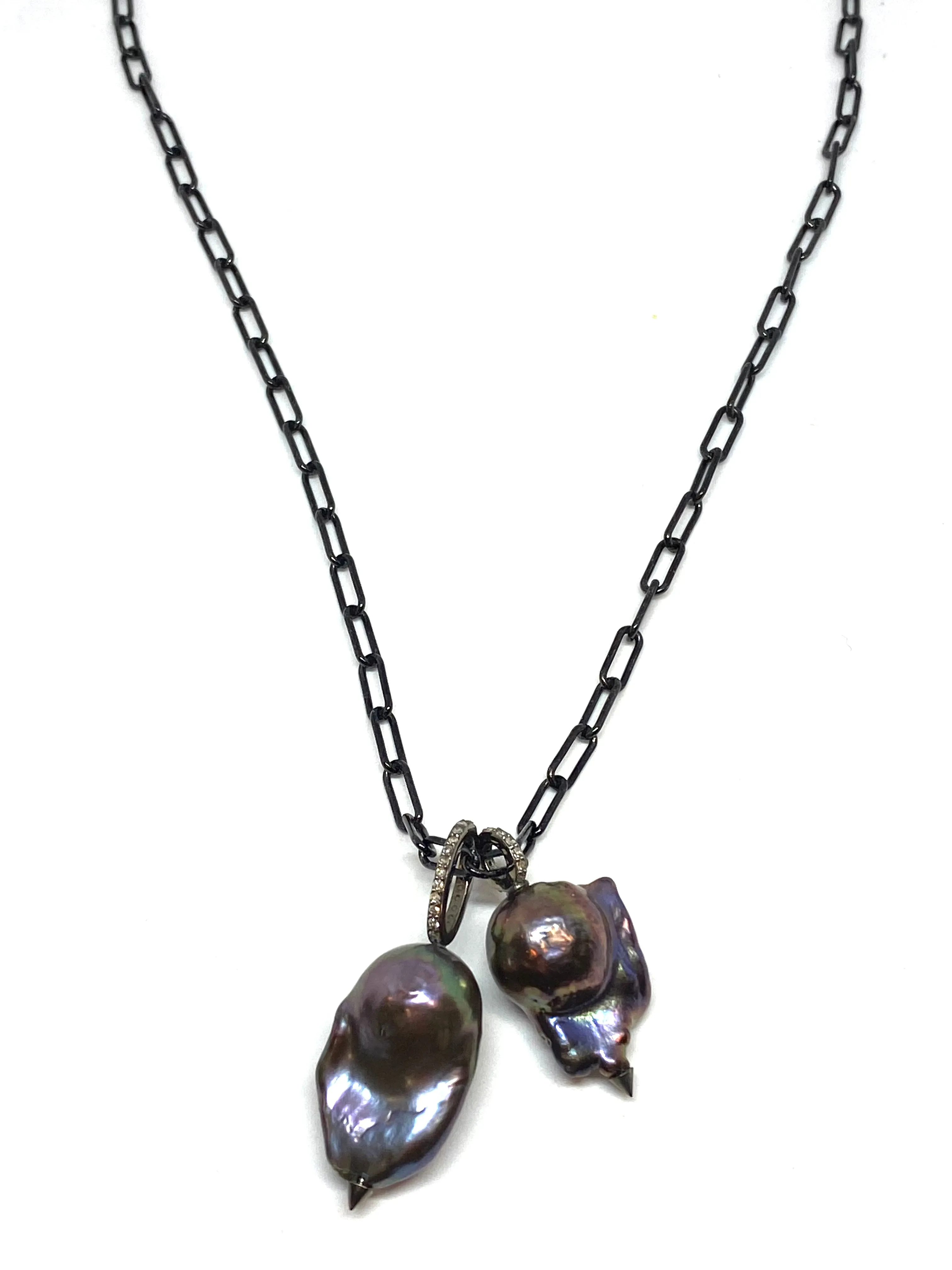 Nathan & Moe Oxidized Chain with Two Baroque Pearls accented with Diamond Bales