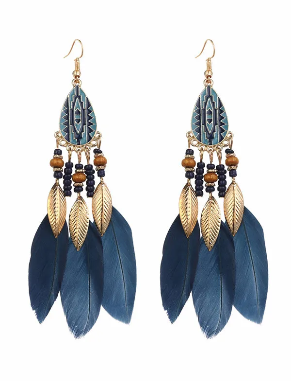 National Original 5 Colors Feather Tassels Beads Chains 6 Colors Earrings