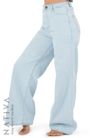 NATIVA, RIGID JEANS. ANNY REAL 01 ICE BLUE, High-Rise  Palazzo Jeans 100% True Denim  Native Virgin Cotton Ideal Comfort  Relaxed Fit