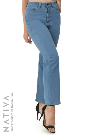 NATIVA,STRETCH JEANS, TINA FREEDOM 01 OCEAN BLUE. High-Rise  Classic Straight Leg Jeans ESFD  (Extreme Stretch Flattering Denim)  Fabric Ultra Comfortable Relaxed Fit  Solid Color