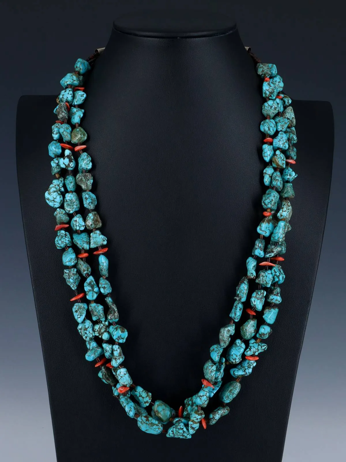 Native American Turquoise and Coral Beaded Three Strand Necklace