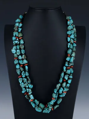 Native American Turquoise and Coral Beaded Three Strand Necklace