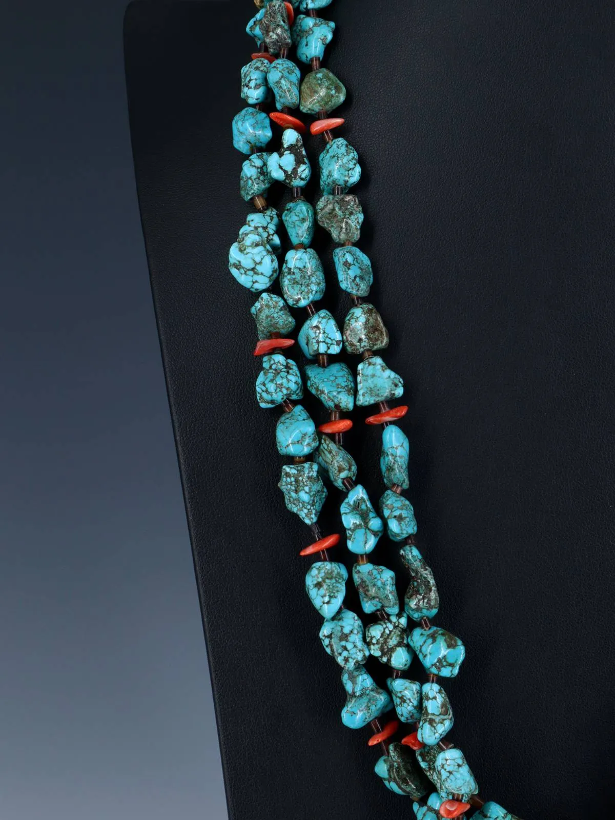 Native American Turquoise and Coral Beaded Three Strand Necklace