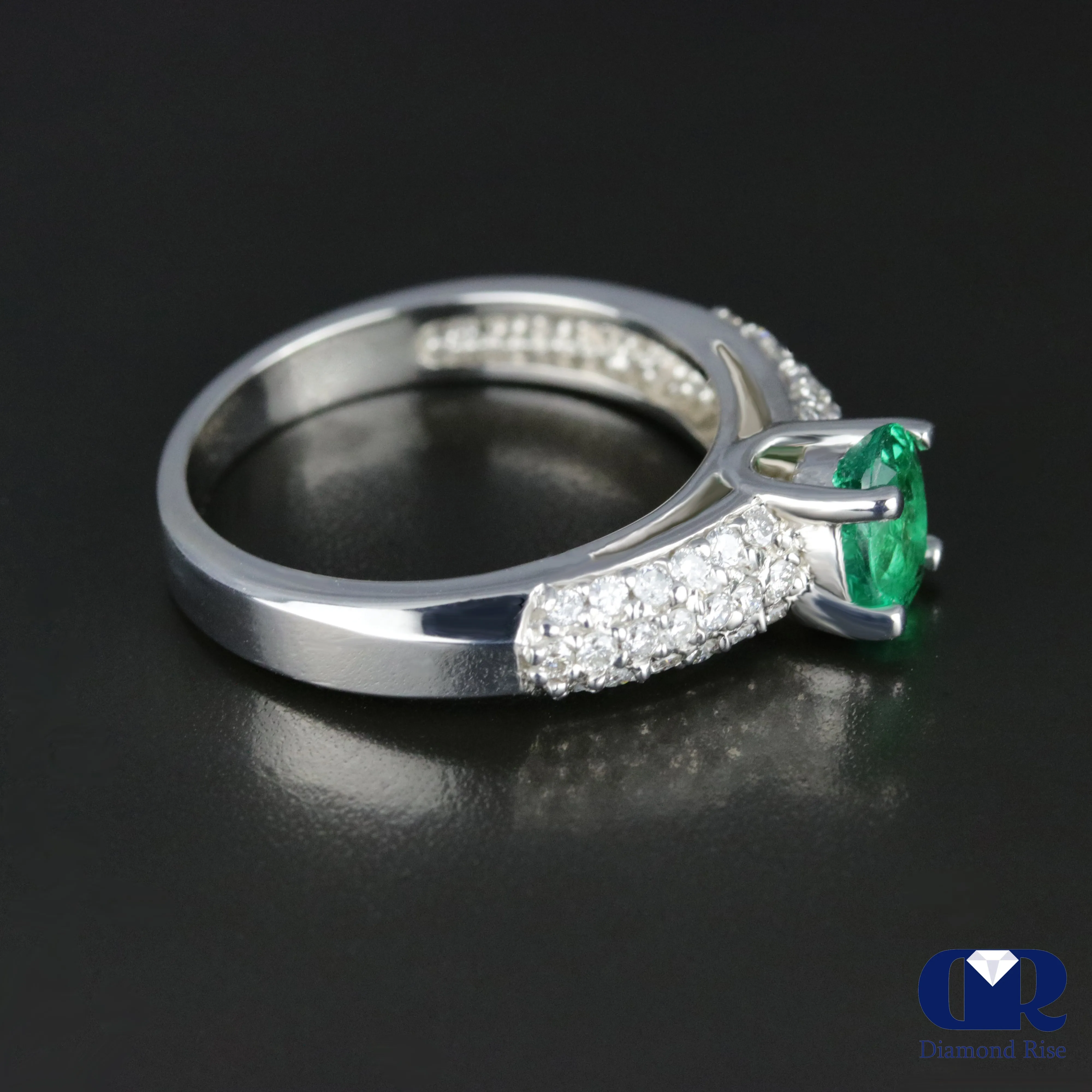 Natural 1.10 Ct Emerald & Diamond Engagement Ring 14K White Gold