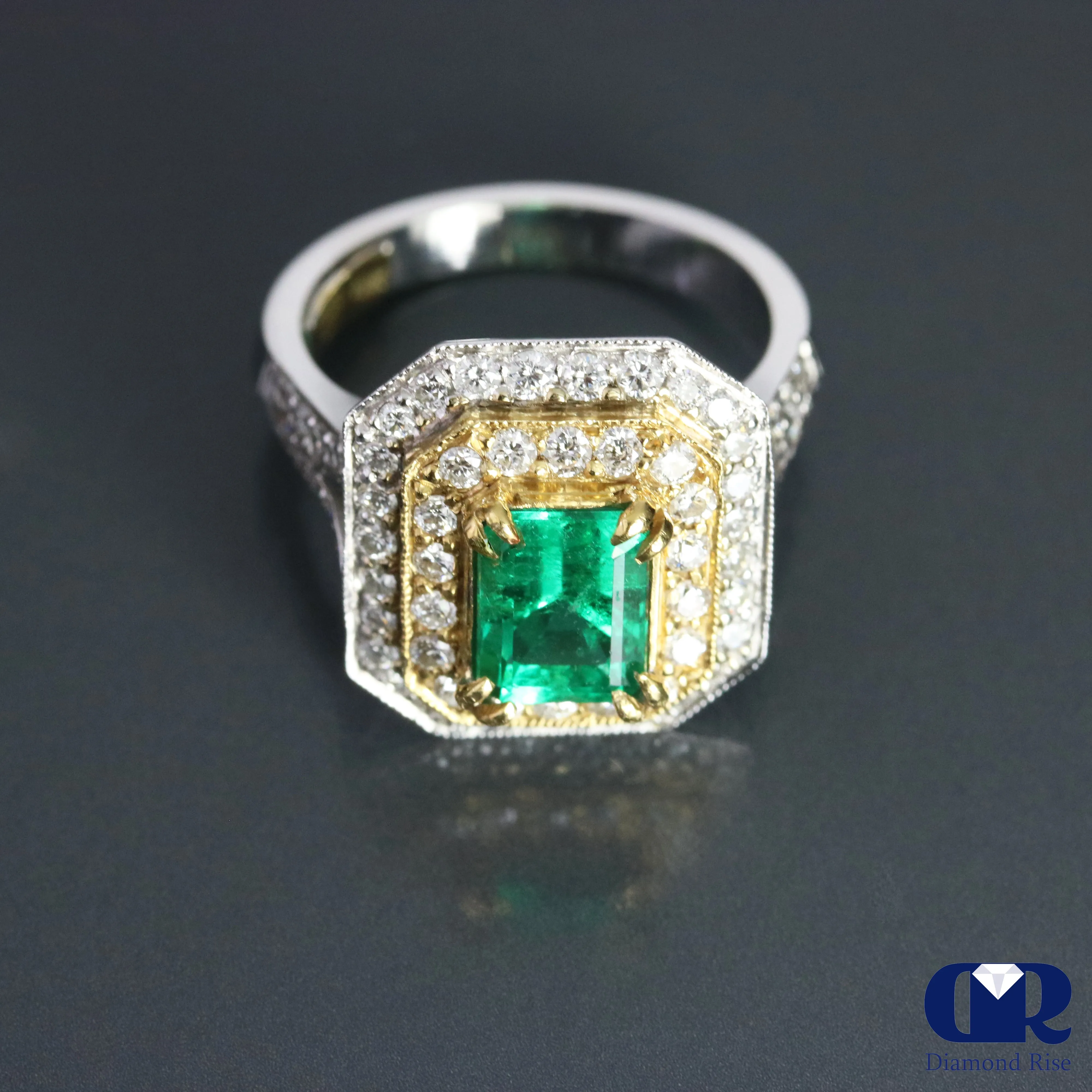 Natural 2.90 Ct Emerald & Diamond Engagement Ring Cocktail 18K Whit & Yellow Gold